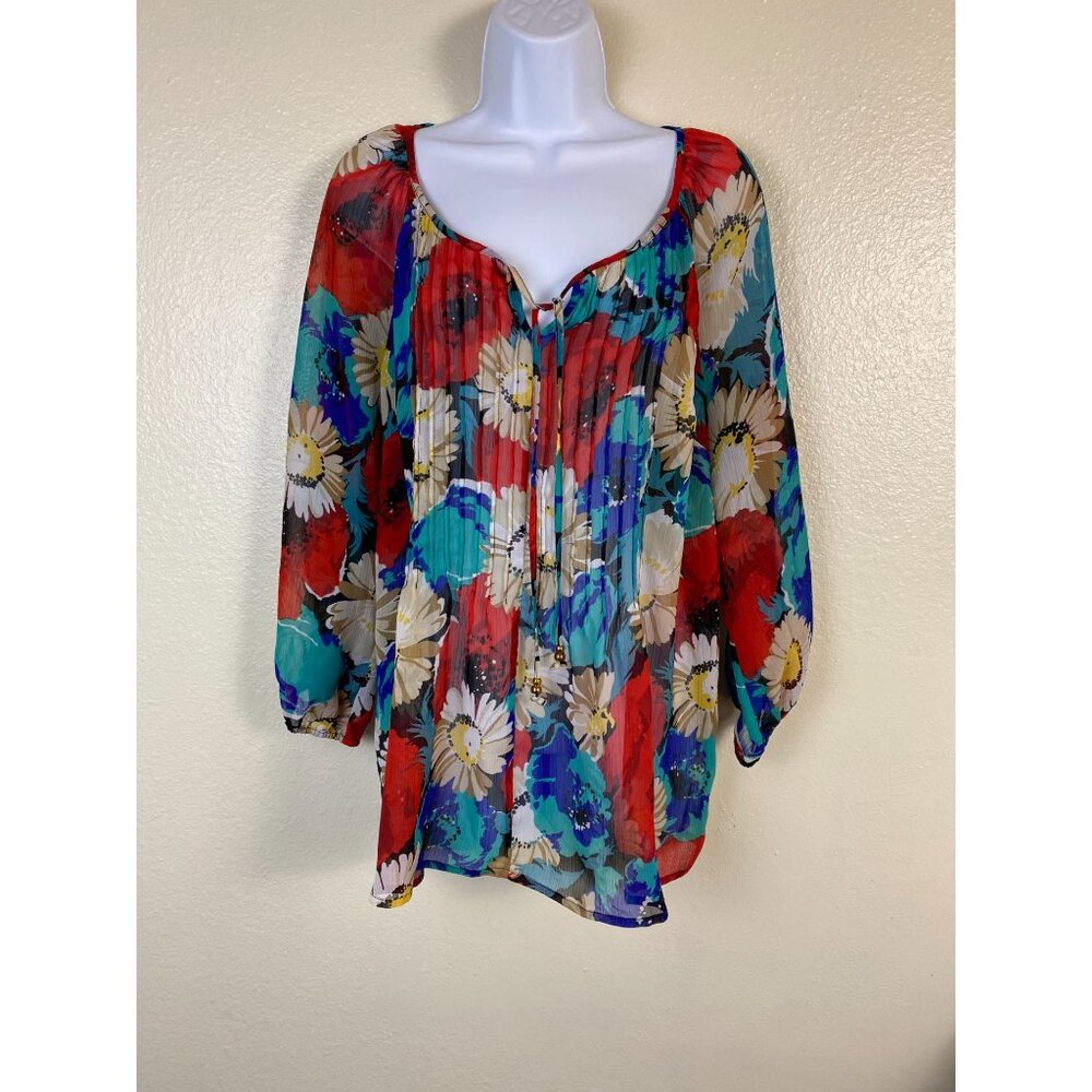 Charter Club Floral Print Semi Sheer‎ Pleated Blouse Top size Large Boho Peasant